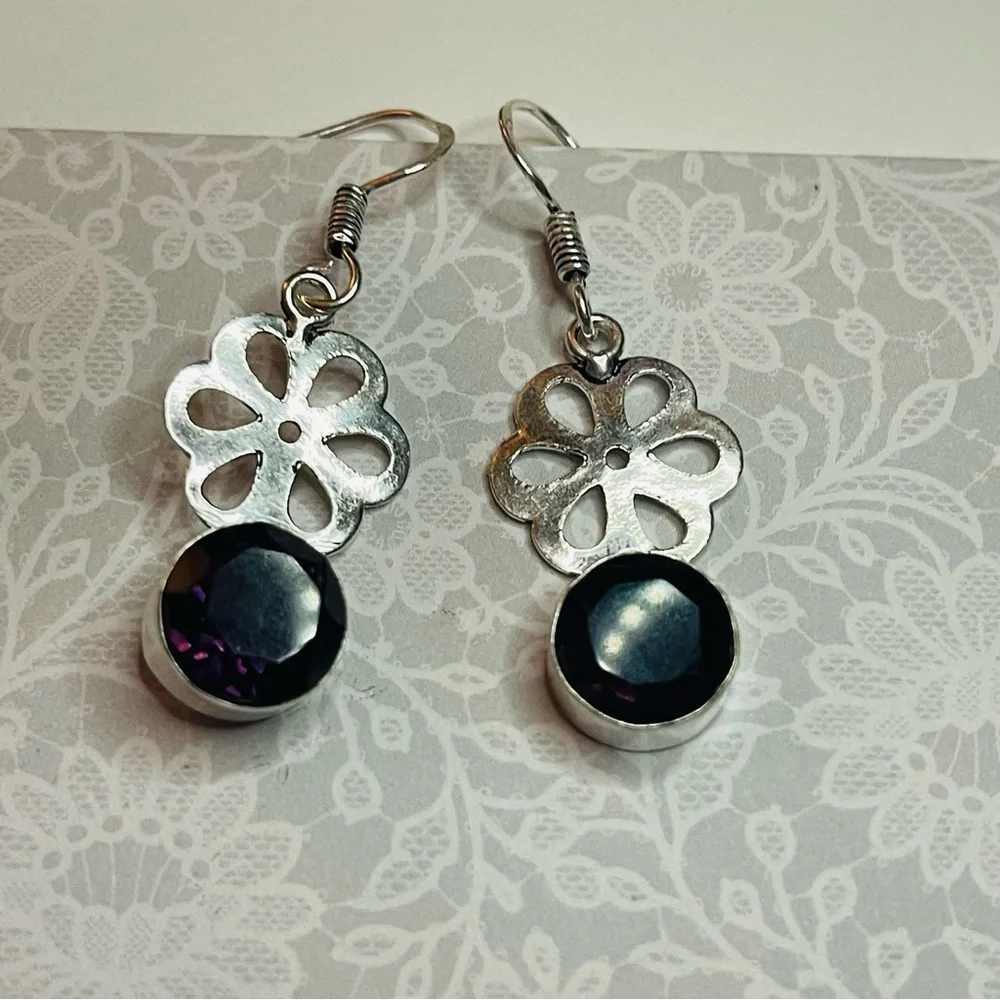 New Artisan 925 Sterling Silver Natural Amethyst Gem Daisy Handmade Earrings